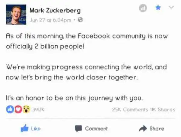 Facebook Reached Over 2 Billion Active Users